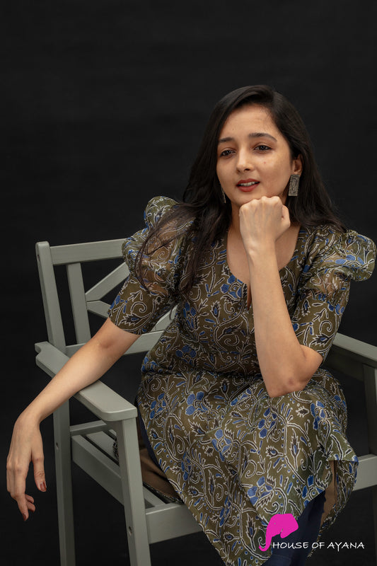 Harmony Organza Silk Kurti | Olive