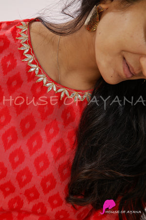 Red Town Embroidered Ikat Raw Kurti