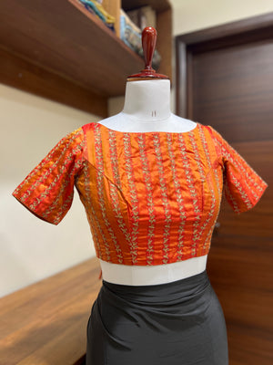 Orange Stripe Embroidered Silk Blouse