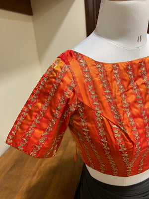 Orange Stripe Embroidered Silk Blouse