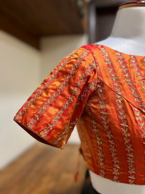 Orange Stripe Embroidered Silk Blouse