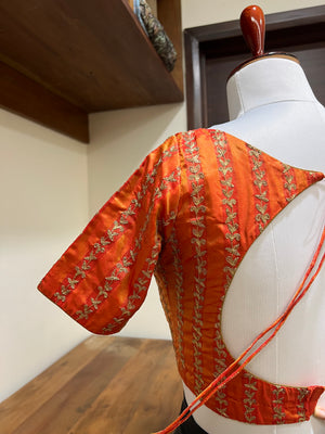 Orange Stripe Embroidered Silk Blouse